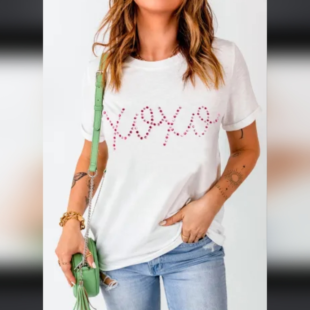 ๐ Last Two!! White Rhinestone XOXO Valentine Tee - Picture 2 of 5